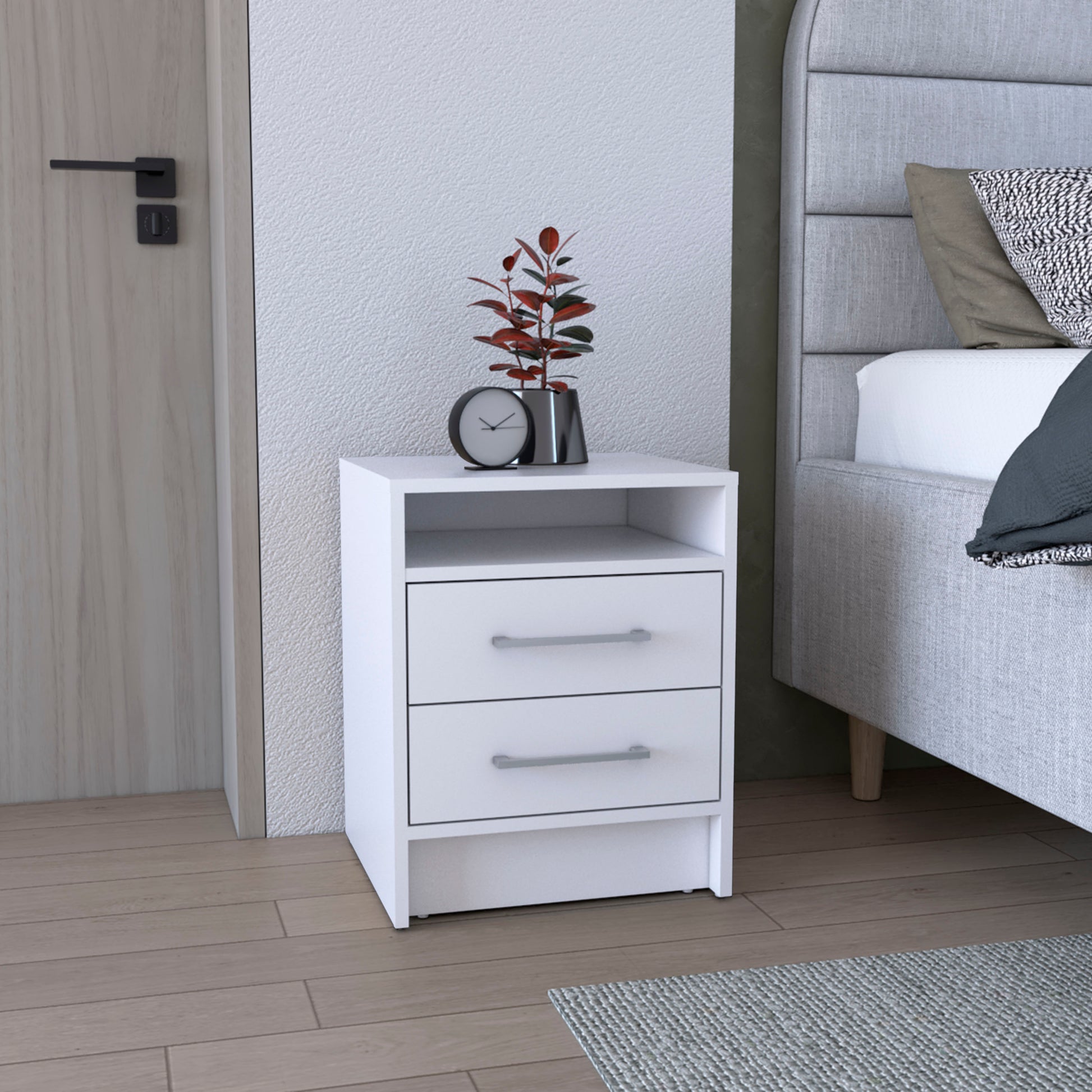 White bedside table with two drawers open shelf and silver handles