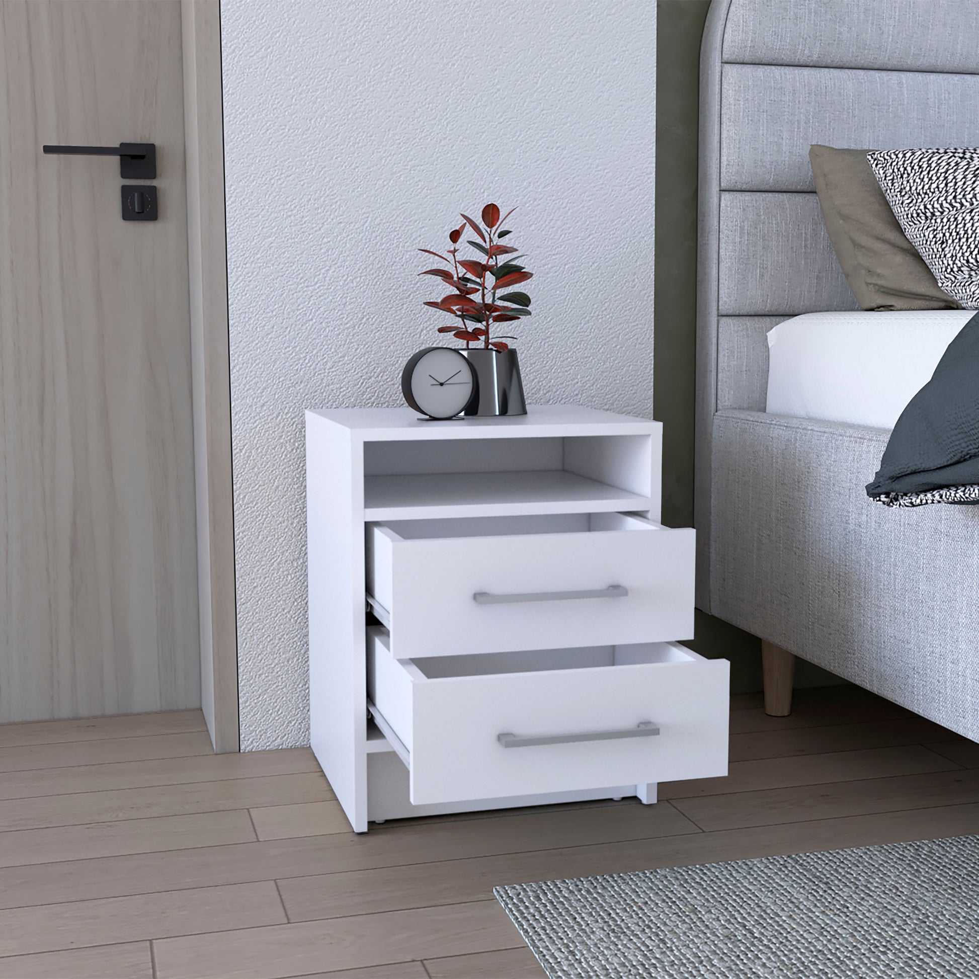 Modern white bedside table with two drawers and open shelf