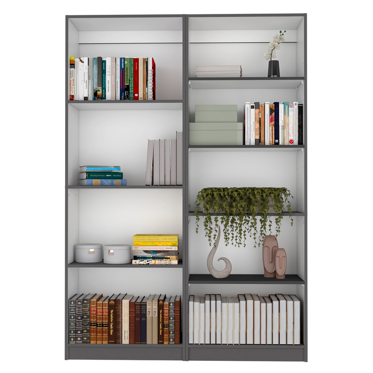 Assortment of hardcover books with varied spine colors on a modern gray bookshelf