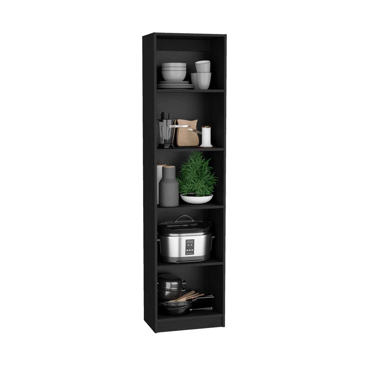Tall black shelving unit displaying white ceramic bowls and cups on top shelf