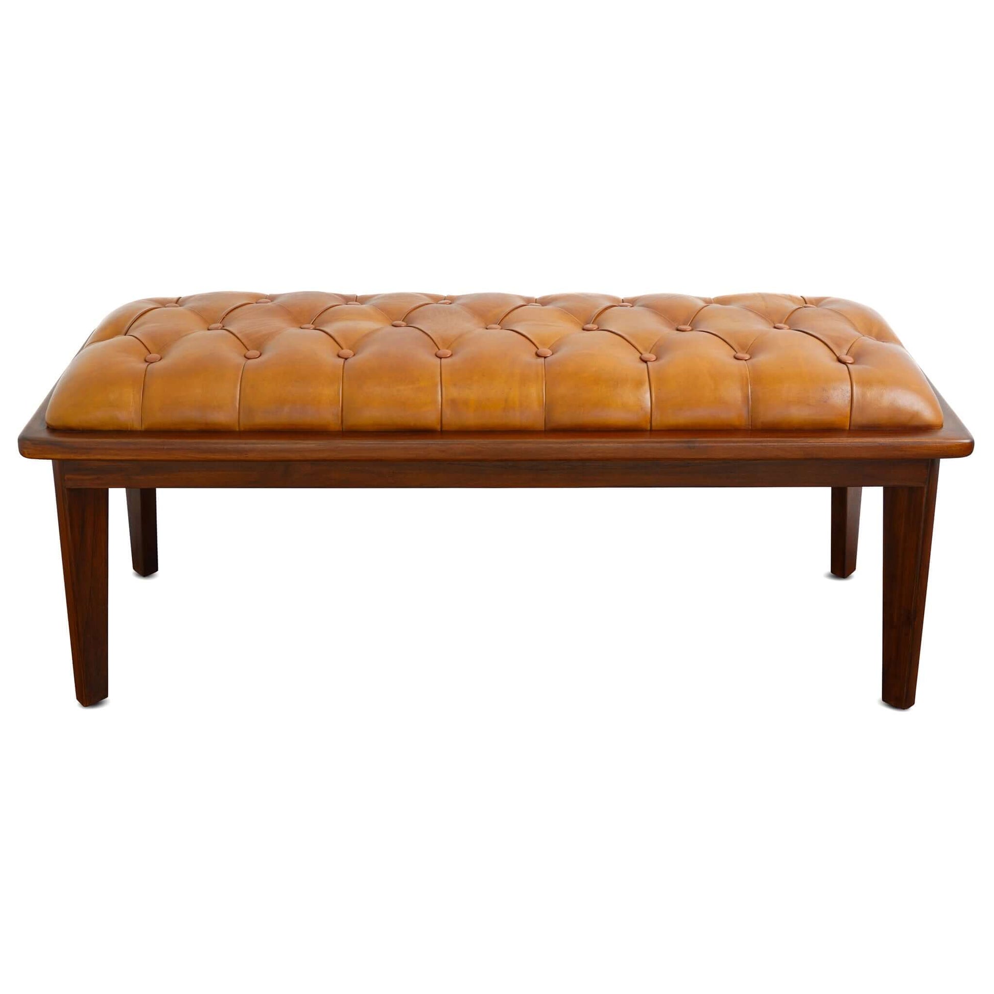 Brown leather tufted ottoman bench with dark wood frame and legs