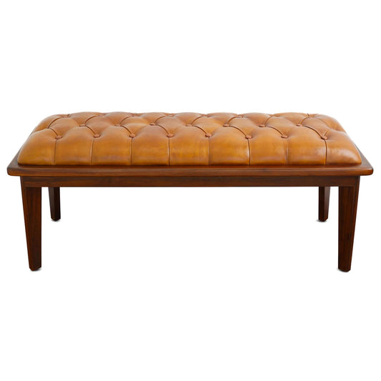 Brown leather tufted ottoman bench with dark wood frame and legs