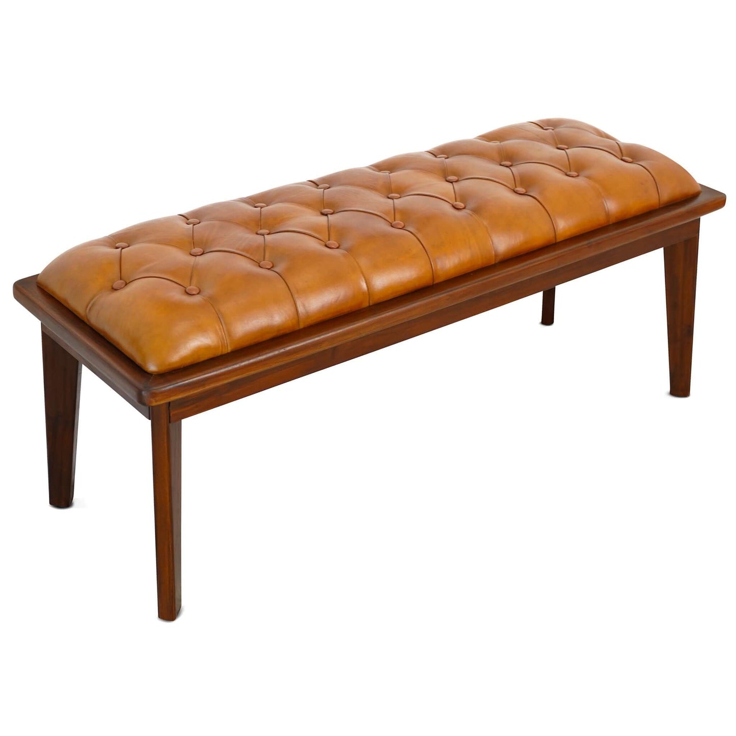 Tufted caramel leather bench with dark wood frame and legs elegant seating option