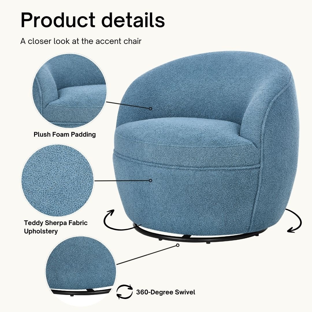 Blue teddy sherpa accent chair with plush foam padding and degree swivel