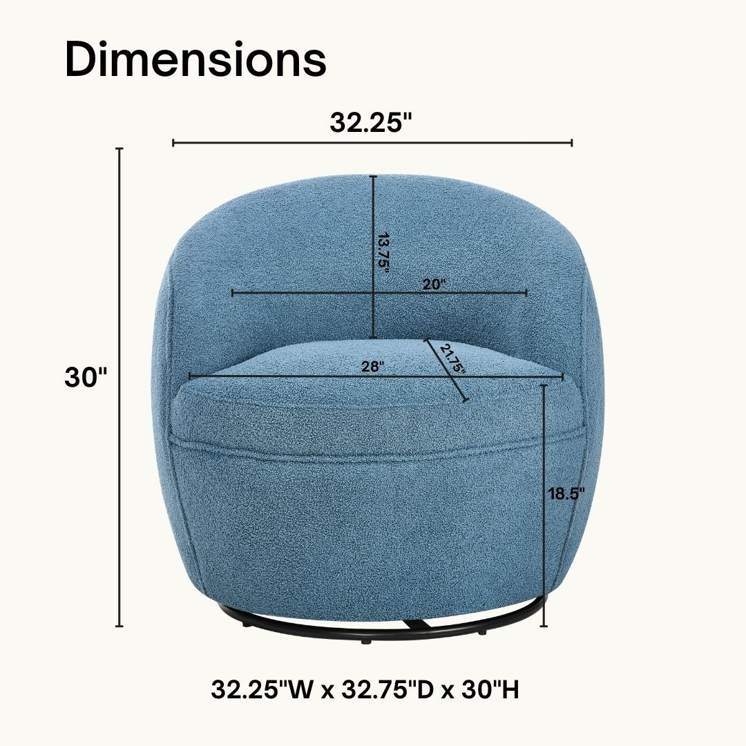 Blue boucle swivel accent chair with dimensions shown  W x  D x  H