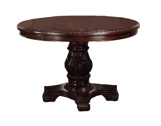 Dark mahogany round dining table with ornate pedestal base