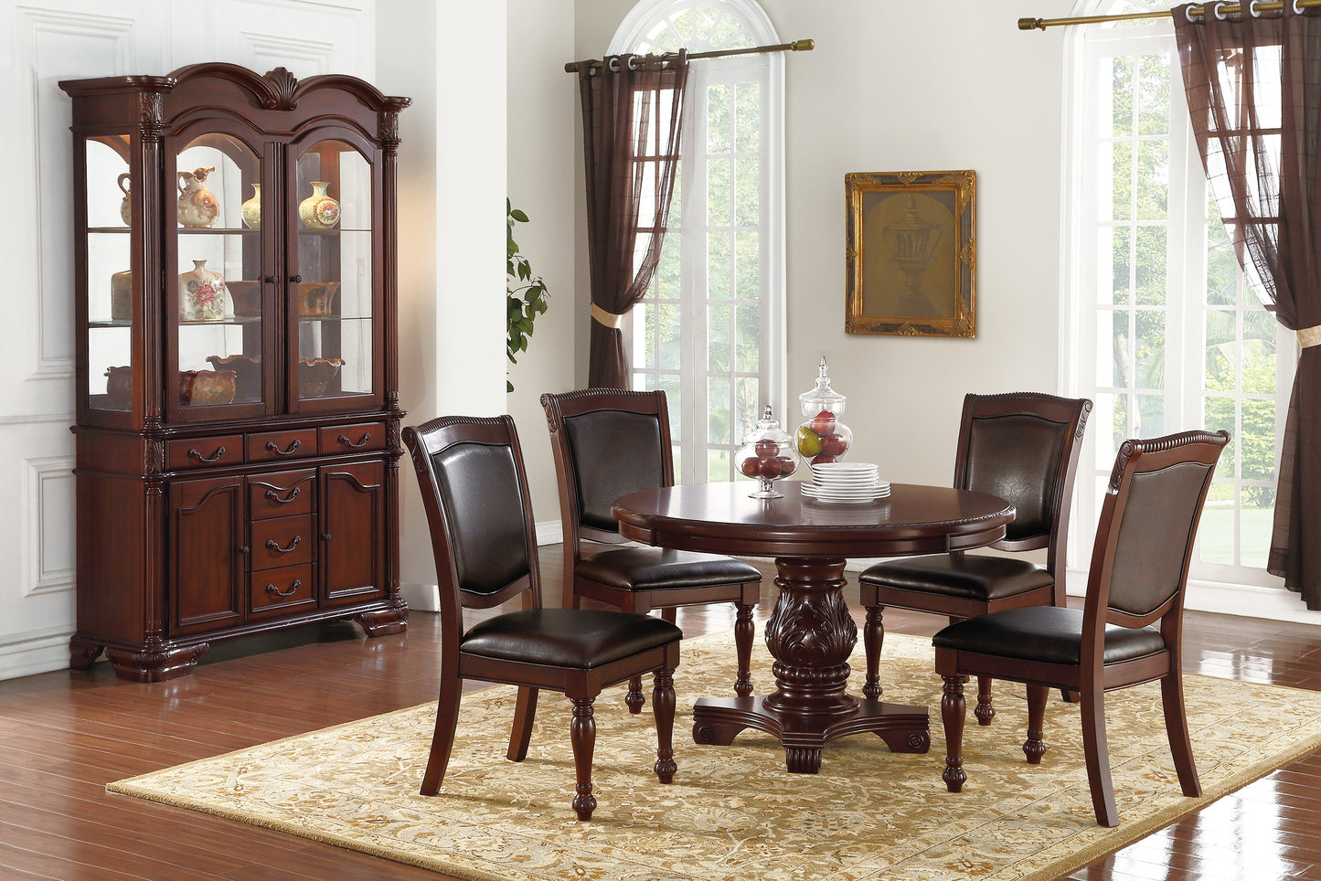 Traditional dark wood china cabinet with glass doors displaying decorative vases and bowls