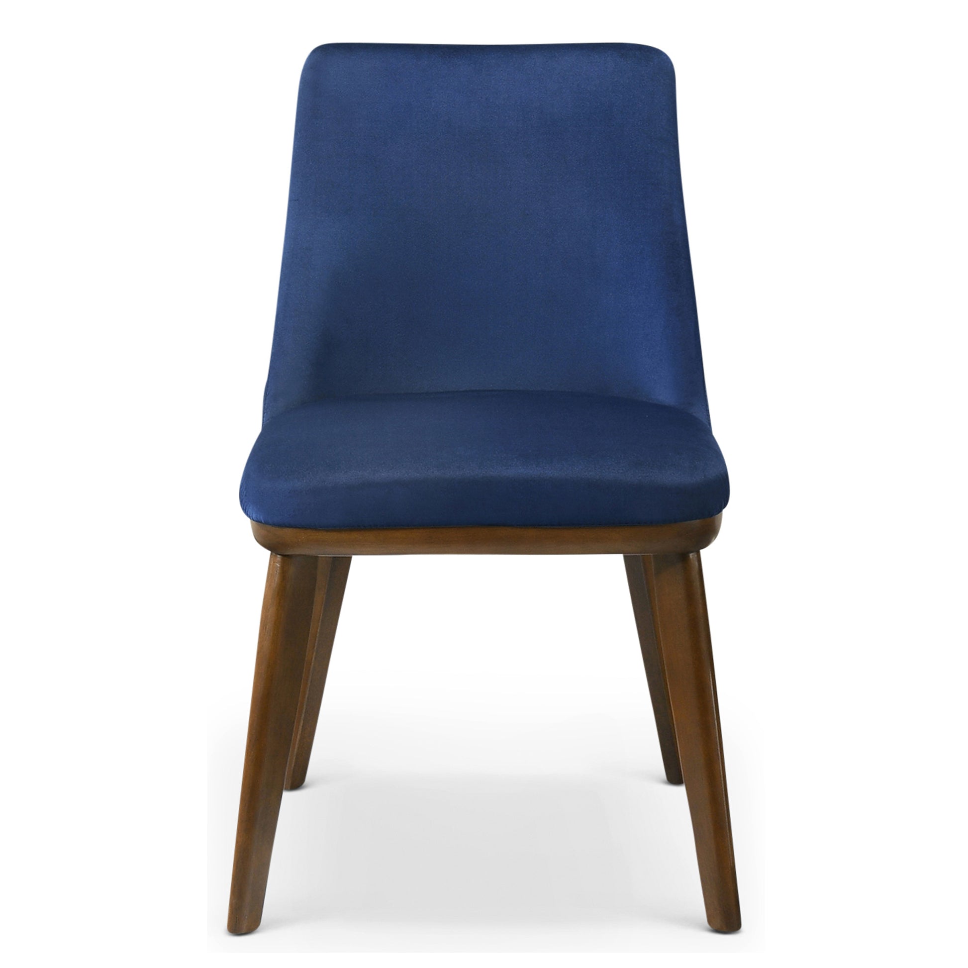 Deep blue velvet dining chair with angled wooden legs