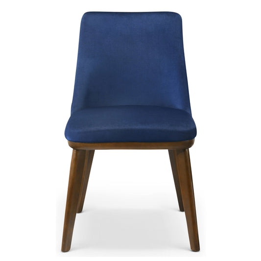 Deep blue velvet dining chair with angled wooden legs