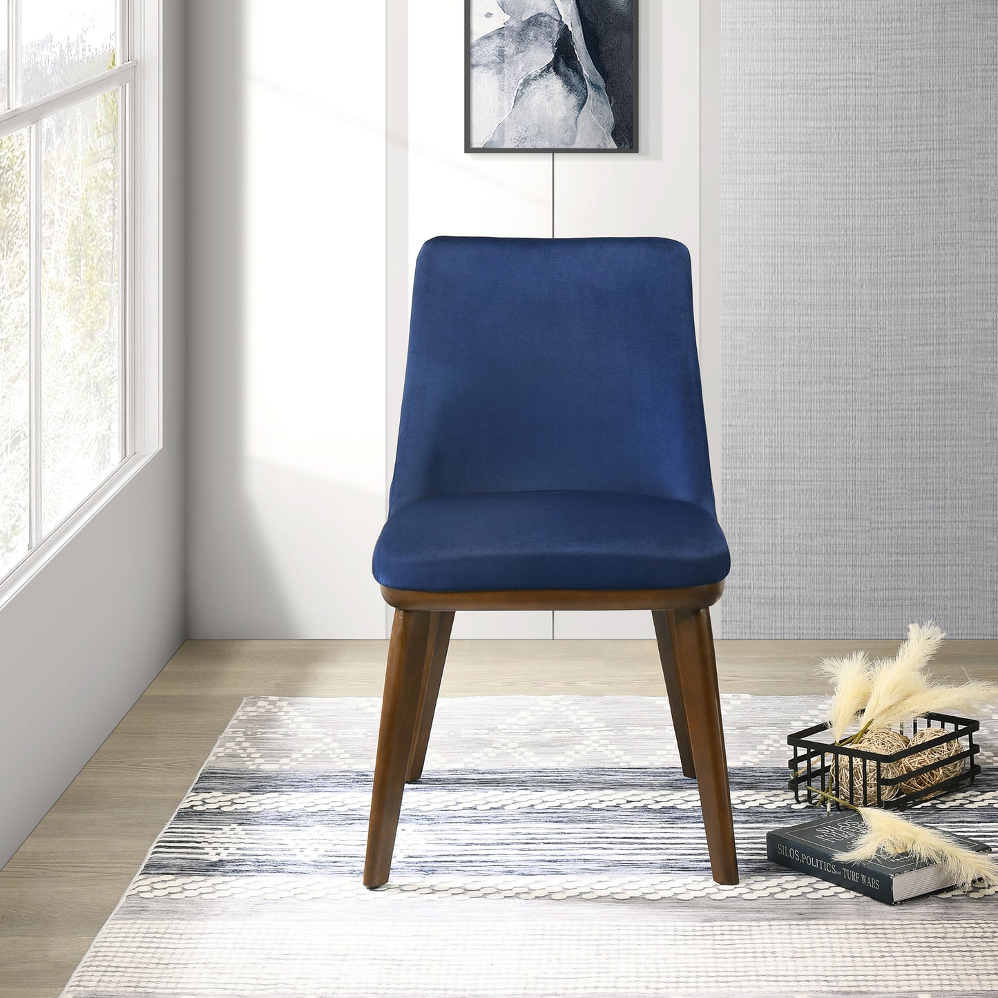Navy velvet dining chair with dark wood legs modern design