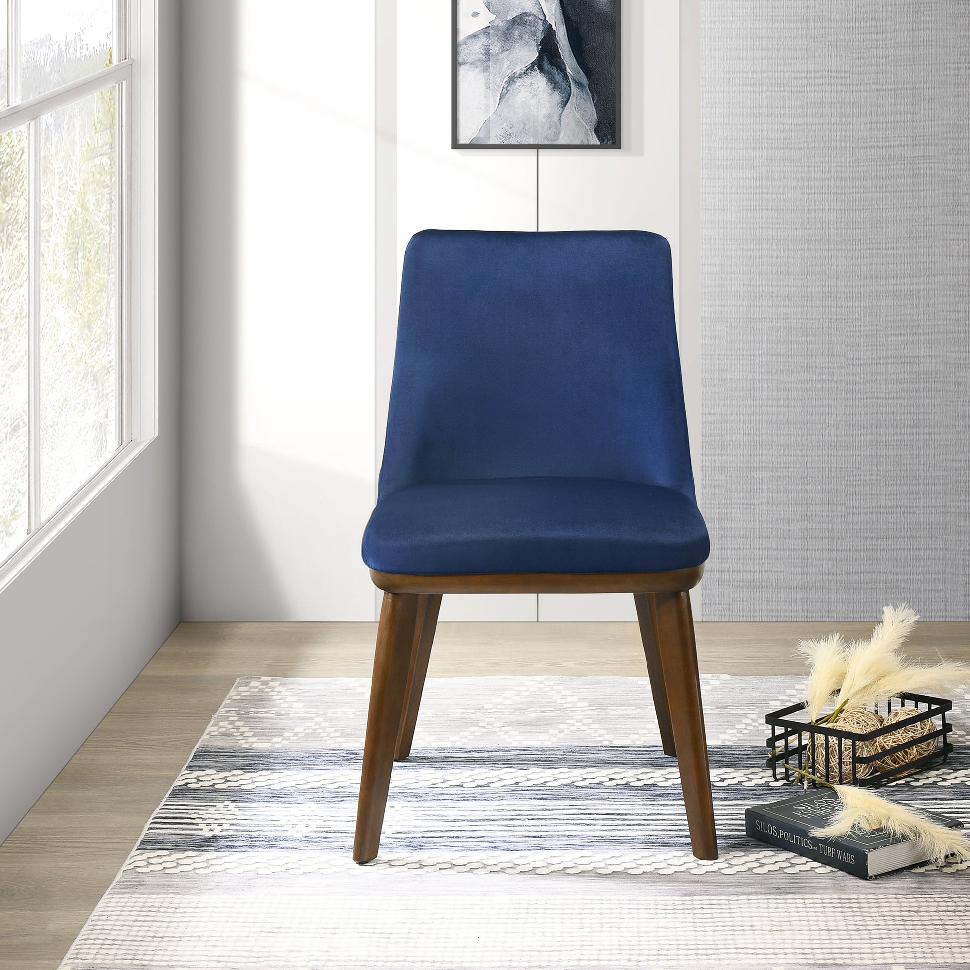 Navy velvet dining chair with dark wood legs modern design