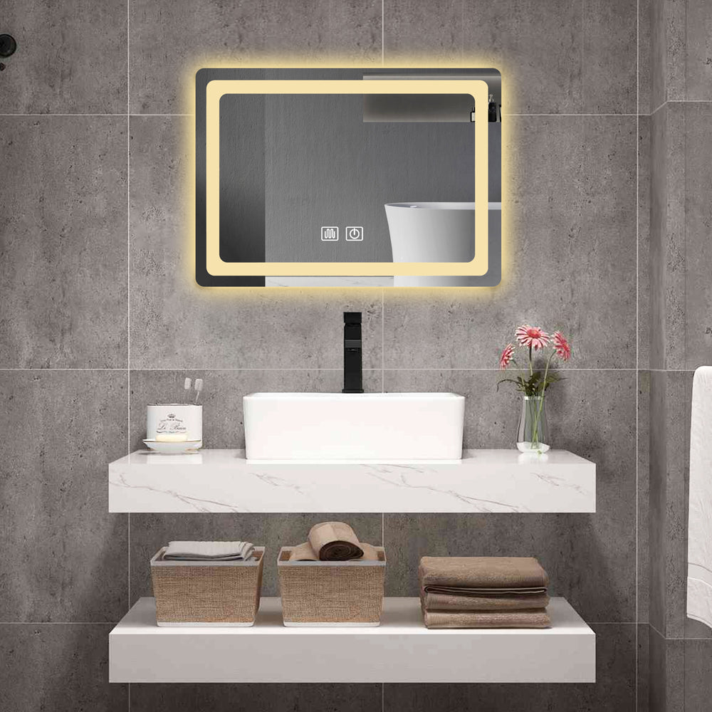 Rectangular bathroom mirror with builtin LED lighting and touch controls