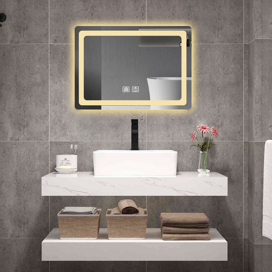 Rectangular bathroom mirror with builtin LED lighting and touch controls