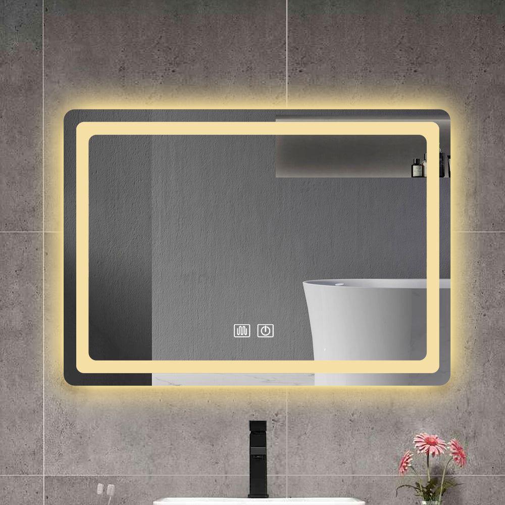 Rectangular bathroom vanity mirror with integrated LED lighting and touch controls