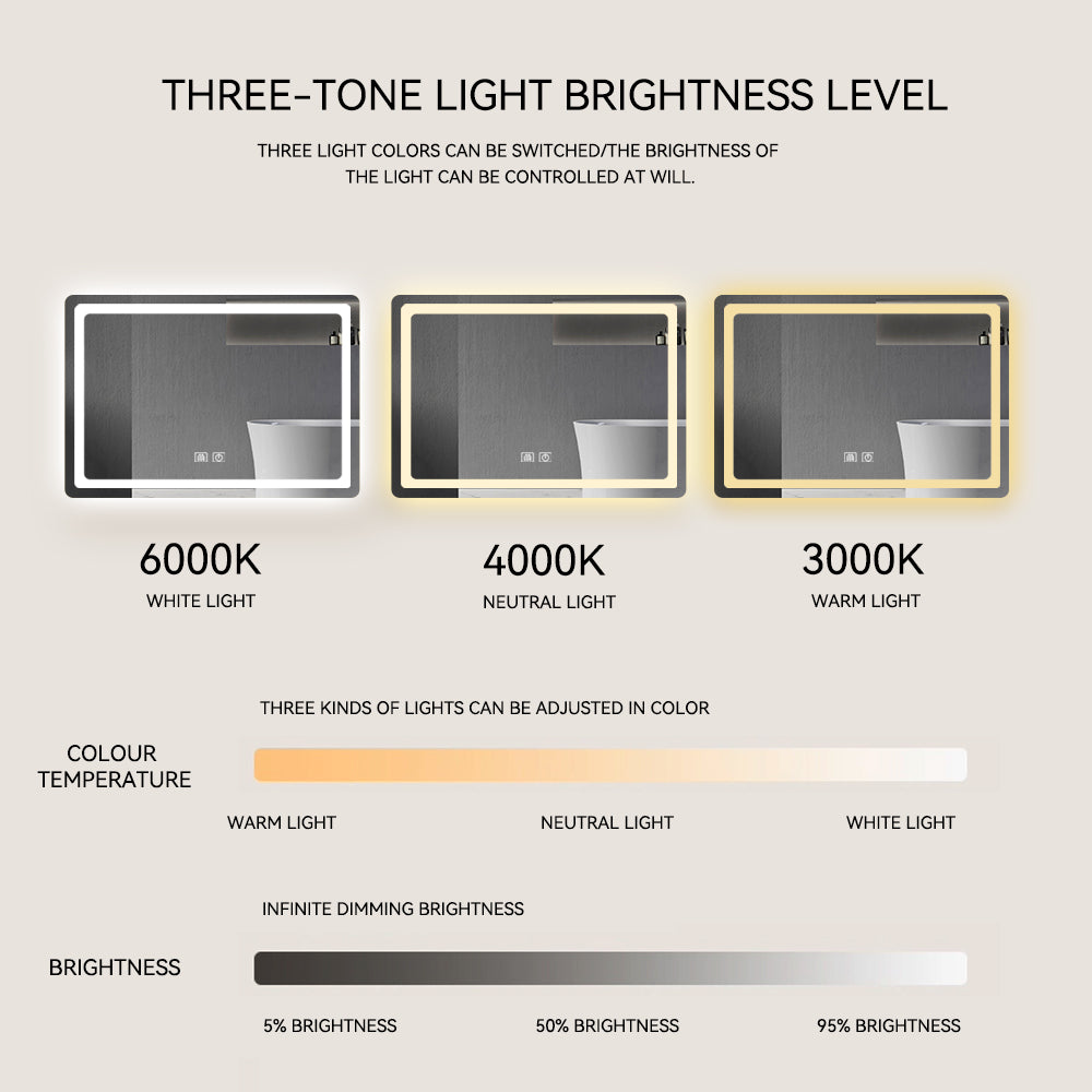 Illuminated bathroom mirror with K white light setting