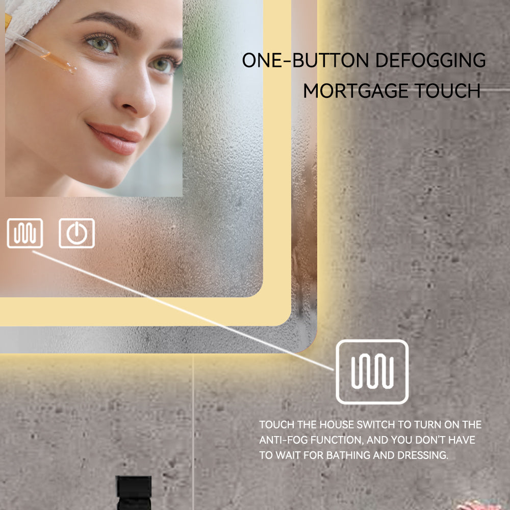 Round LED bathroom mirror with touch controls for antifog function