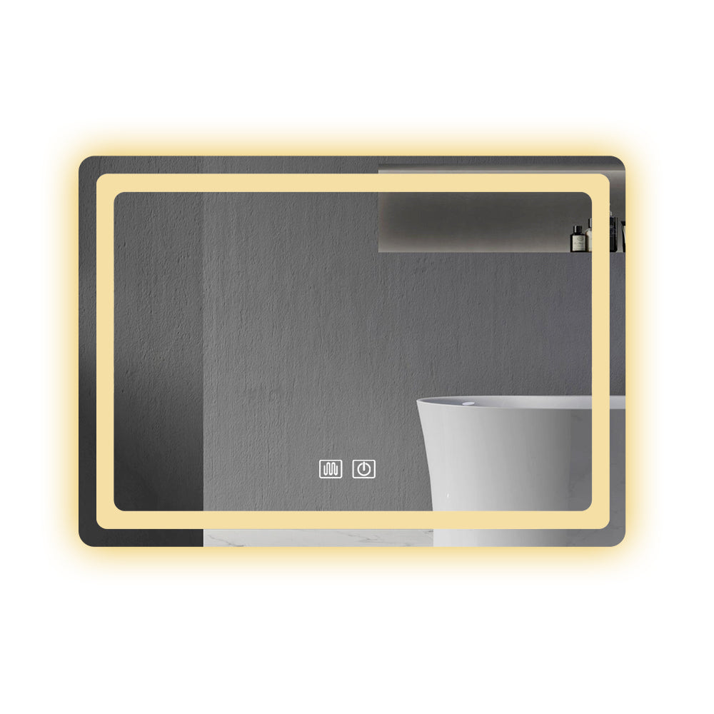 Modern illuminated bathroom mirror with warm LED glow and defogger function
