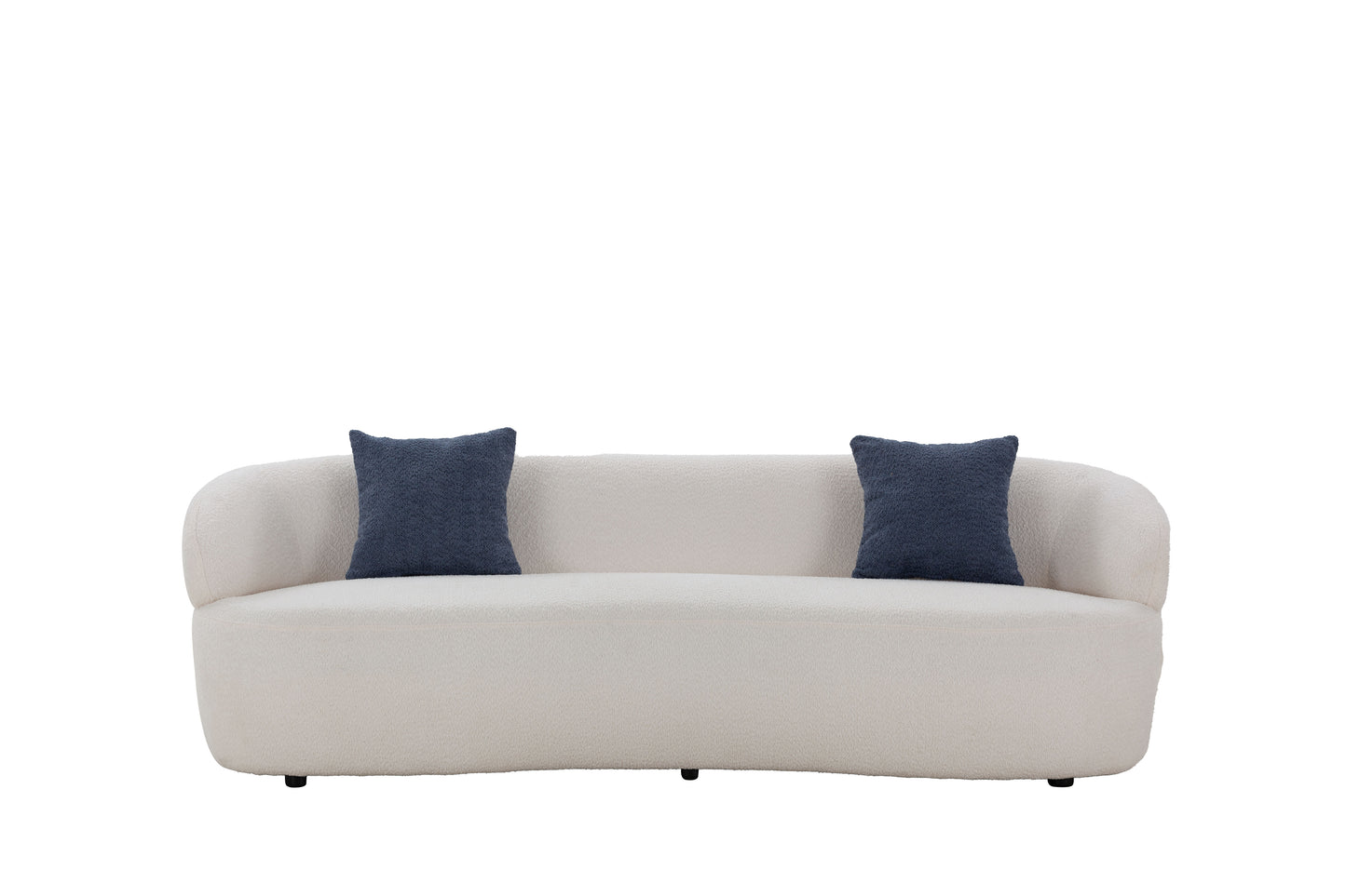 Cozy cream boucle fabric sofa with two navy throw pillows perfect for modern living rooms