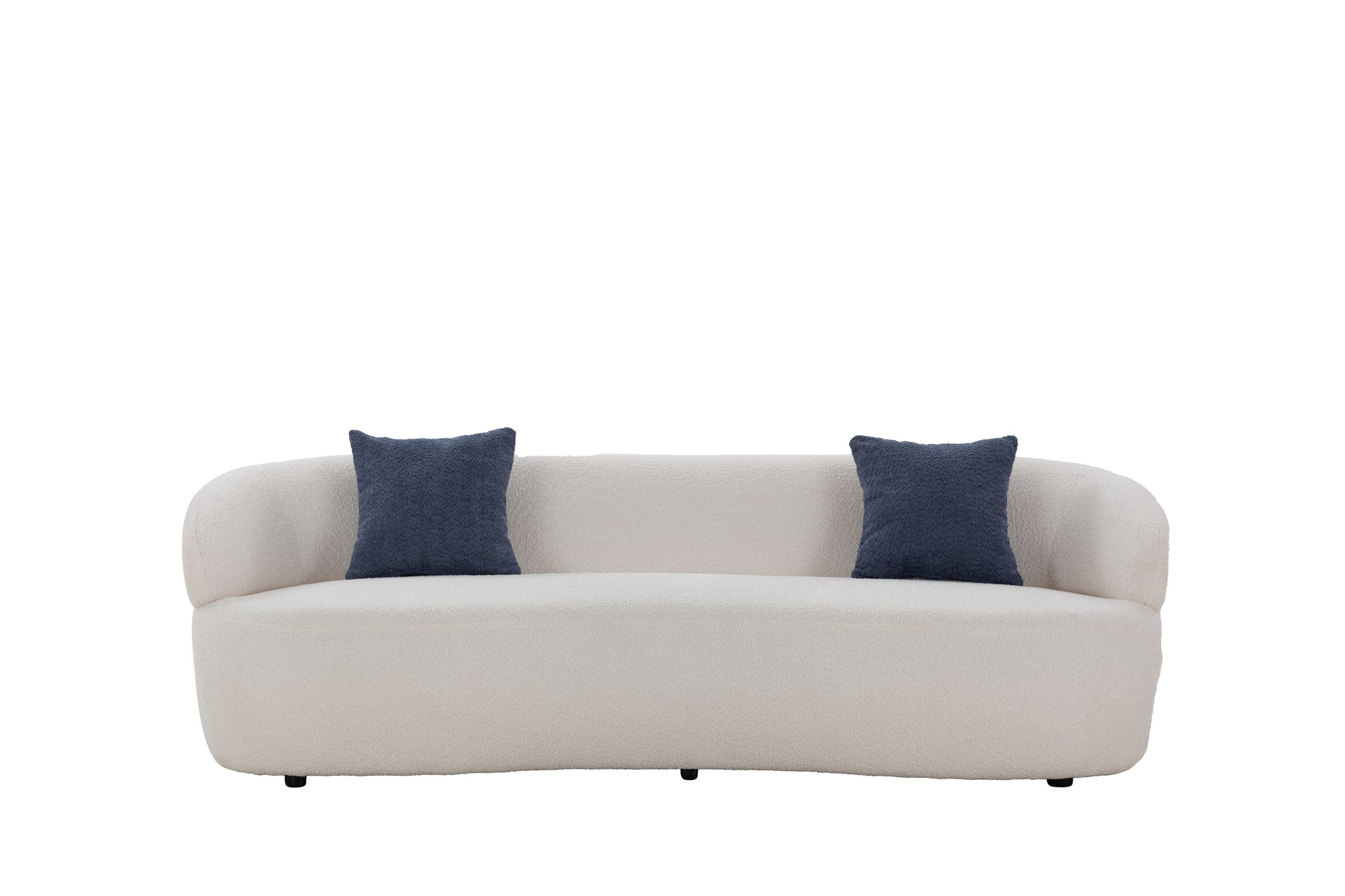 Cozy cream boucle fabric sofa with two navy throw pillows perfect for modern living rooms