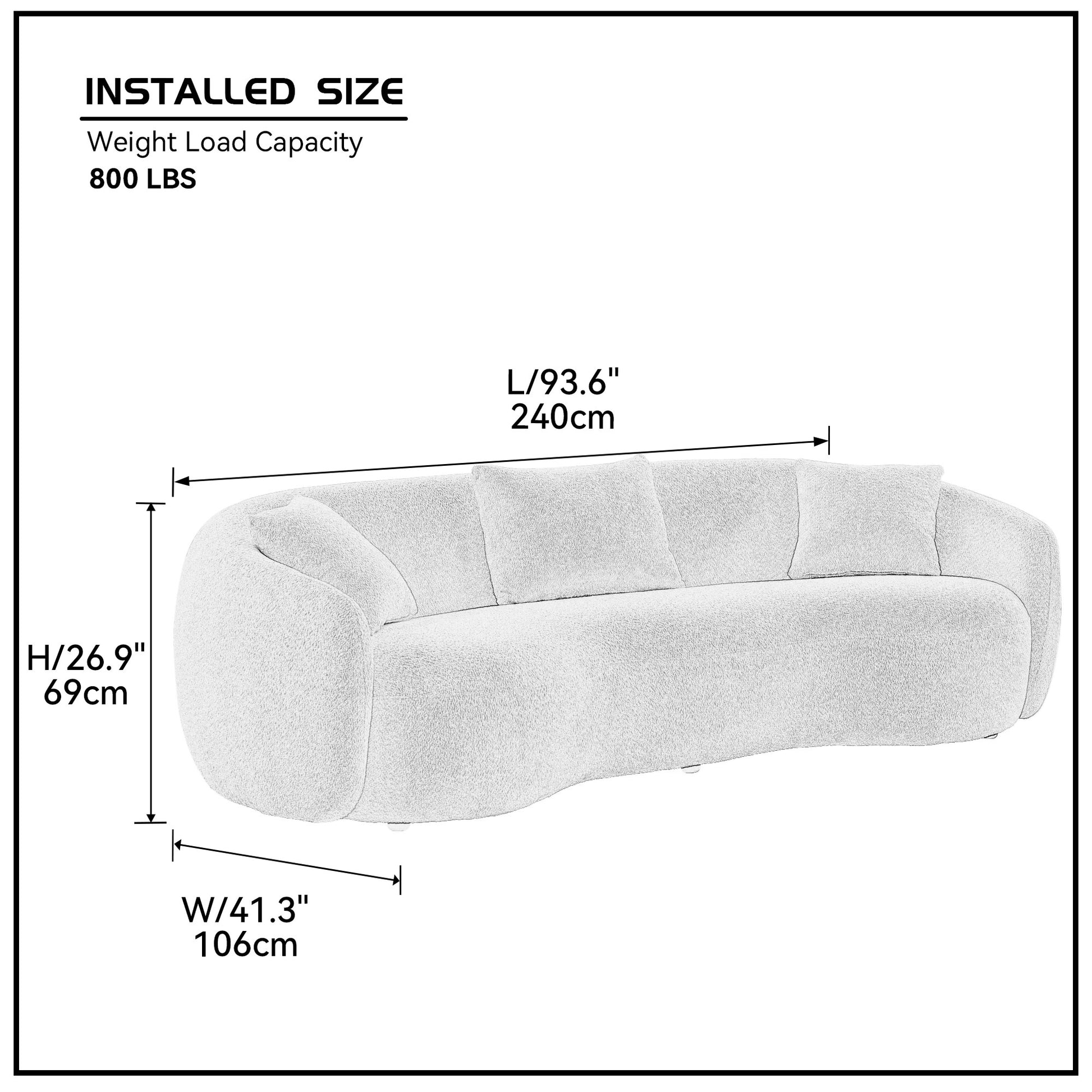 Curved boucle fabric sofa in offwhite  L x  W x  H weight capacity  lbs