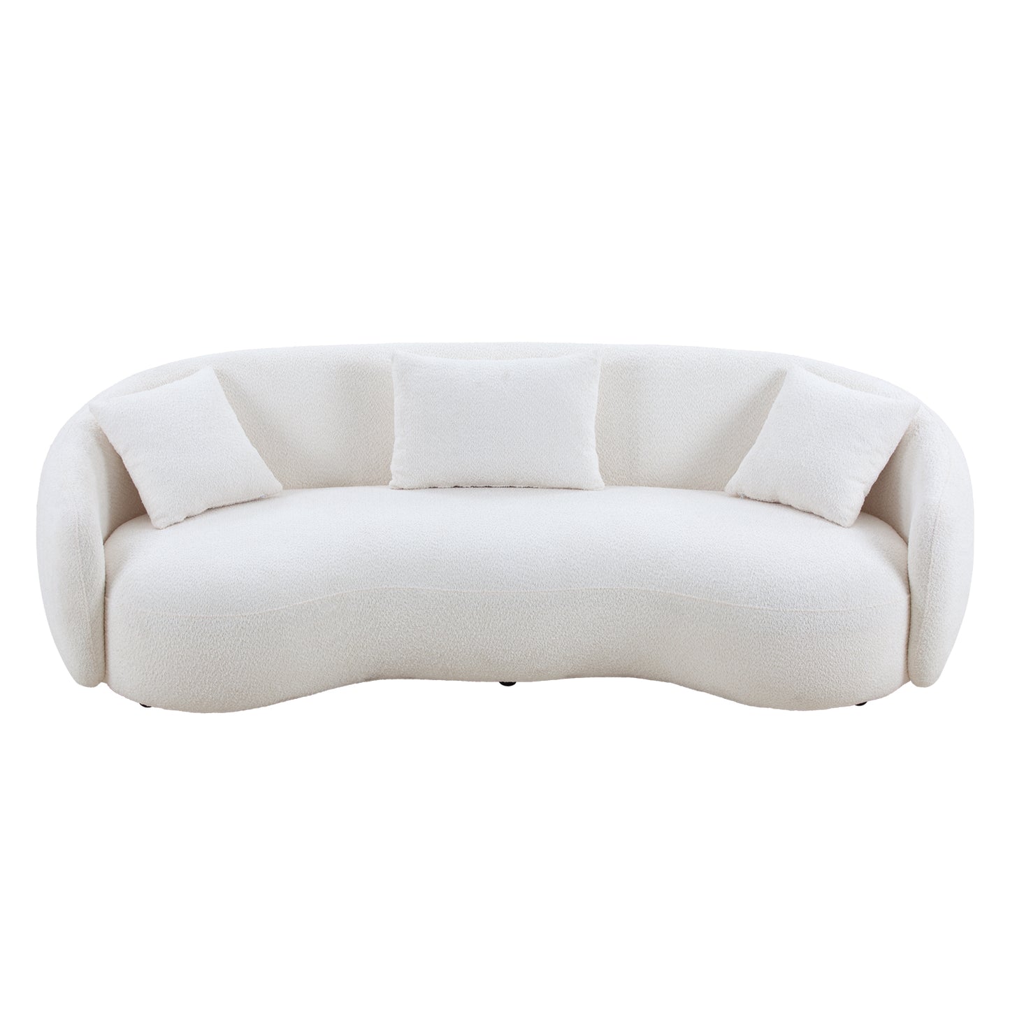 White boucl fabric curved sofa with three plush throw pillows