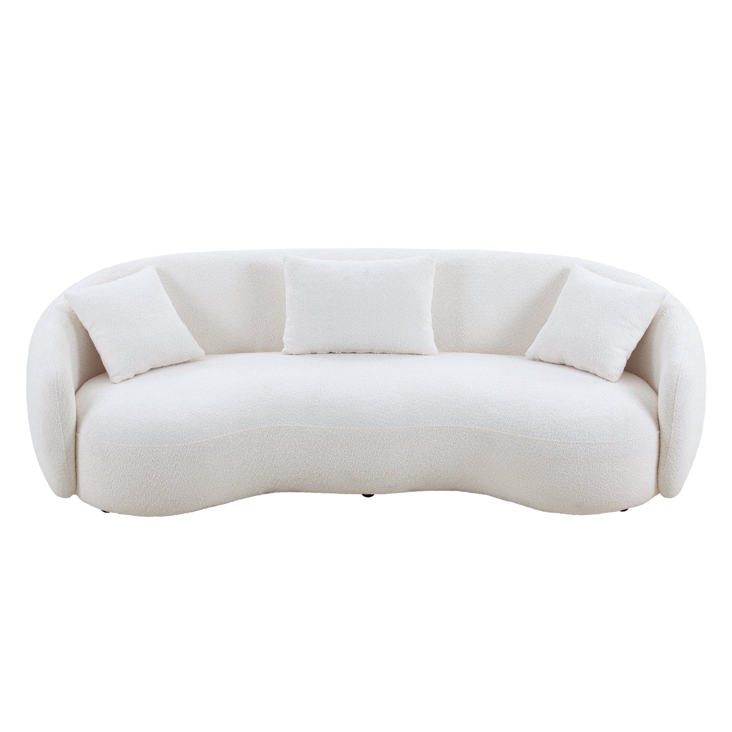 White boucl fabric curved sofa with three plush throw pillows