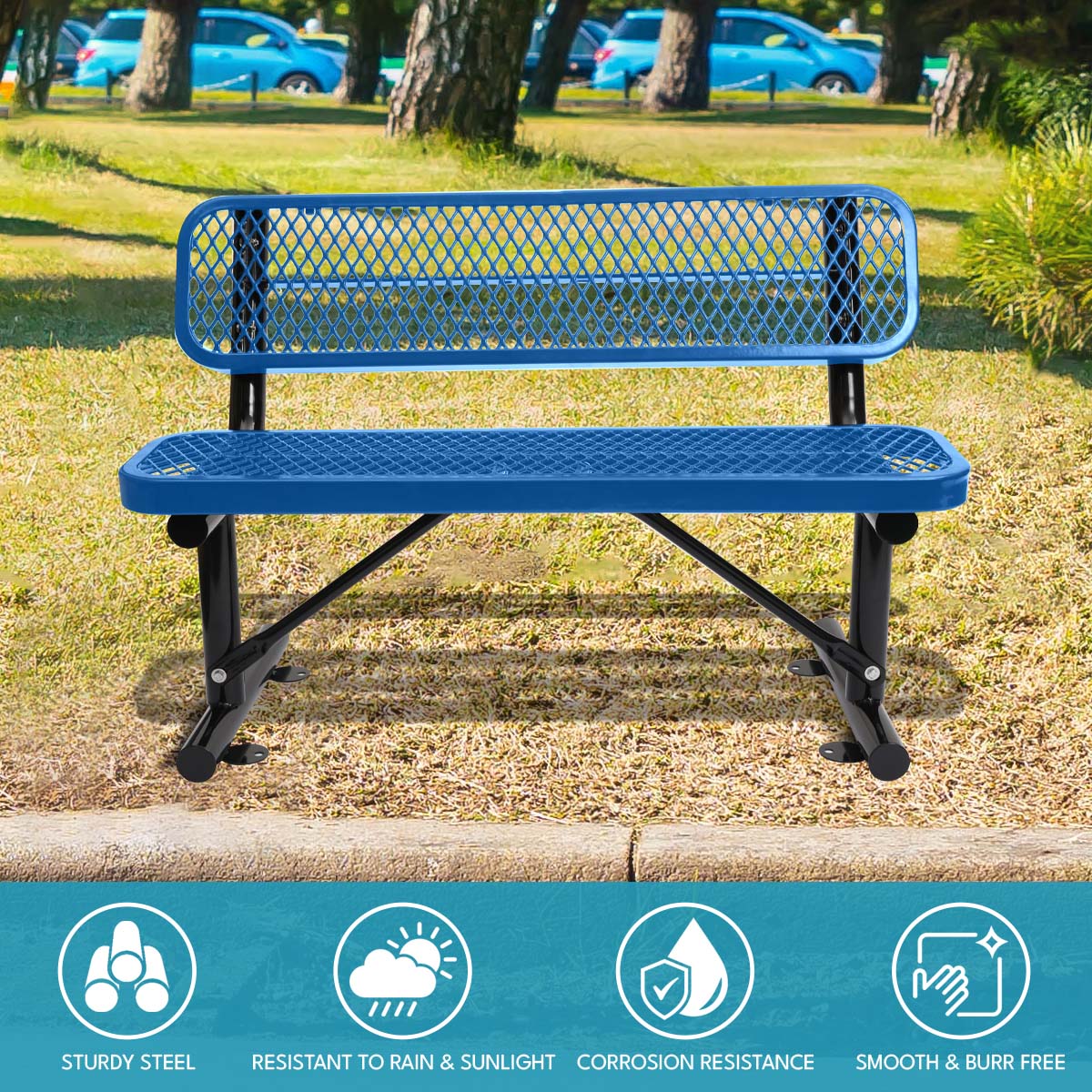 Blue diamondperforated metal park bench with black legs
