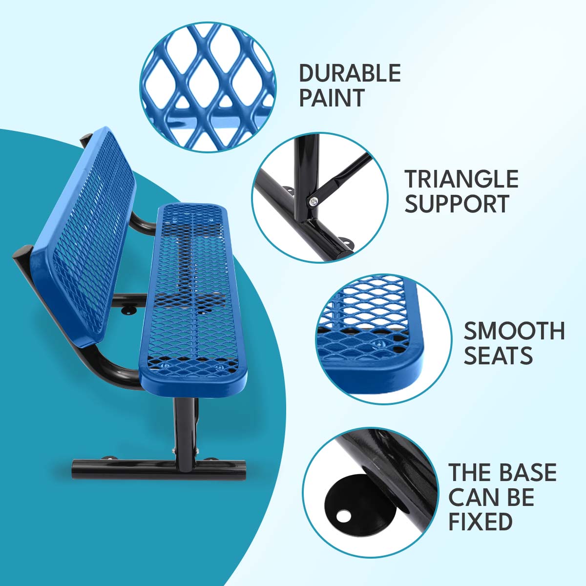 Blue diamond mesh park bench with durable powdercoat finish