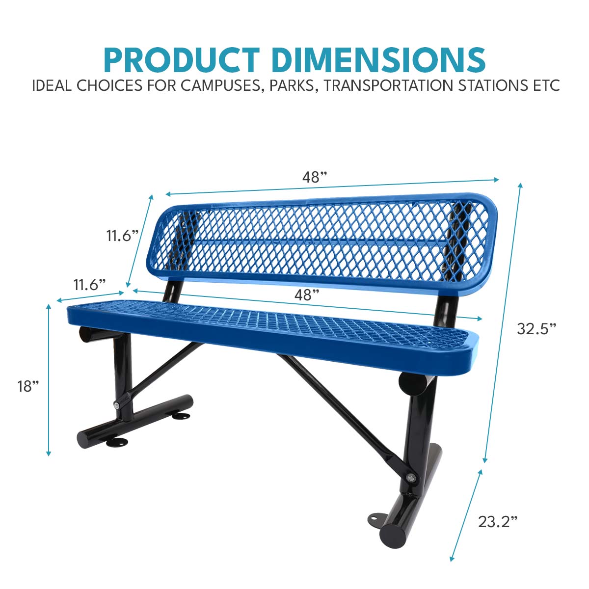 Blue perforated metal park bench with black powdercoated steel frame inch length