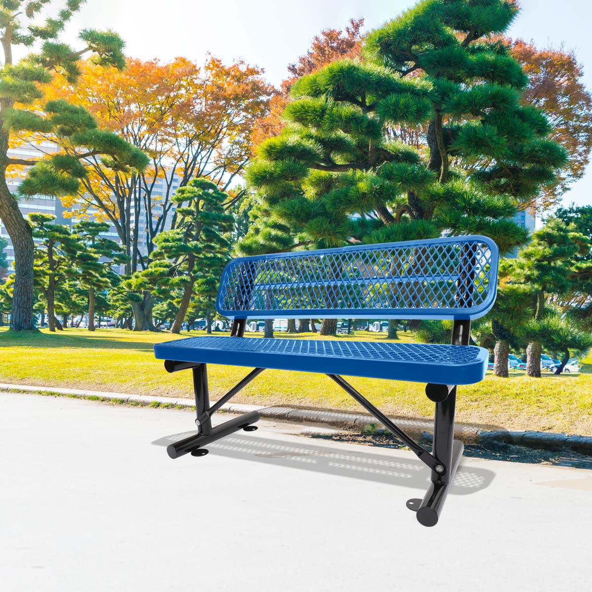 Blue diamondperforated metal park bench with black legs ideal for outdoor seating