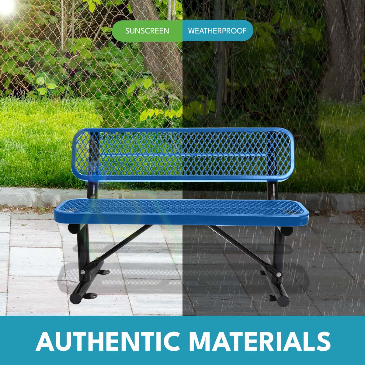Blue metal park bench with diamond pattern seating and backrest
