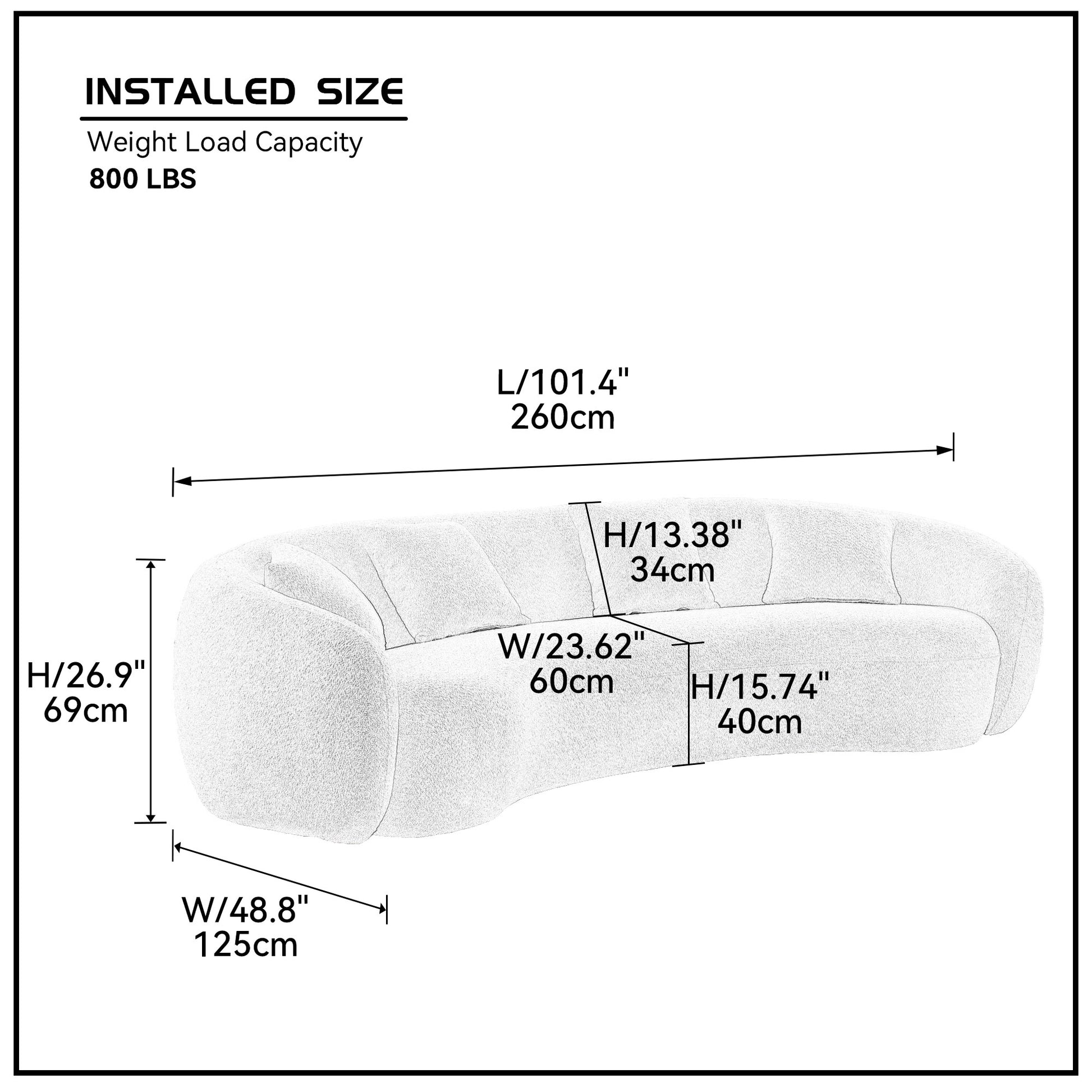 Curved sectional sofa diagram showing installed size and  LBS weight capacity