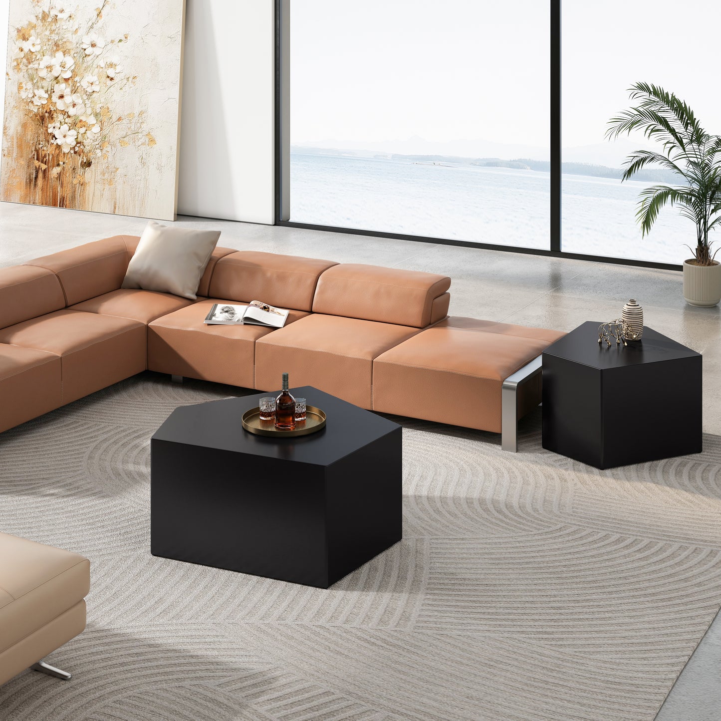 Modern Lshaped tan leather sectional sofa with a contemporary pillow and a large abstract floral painting