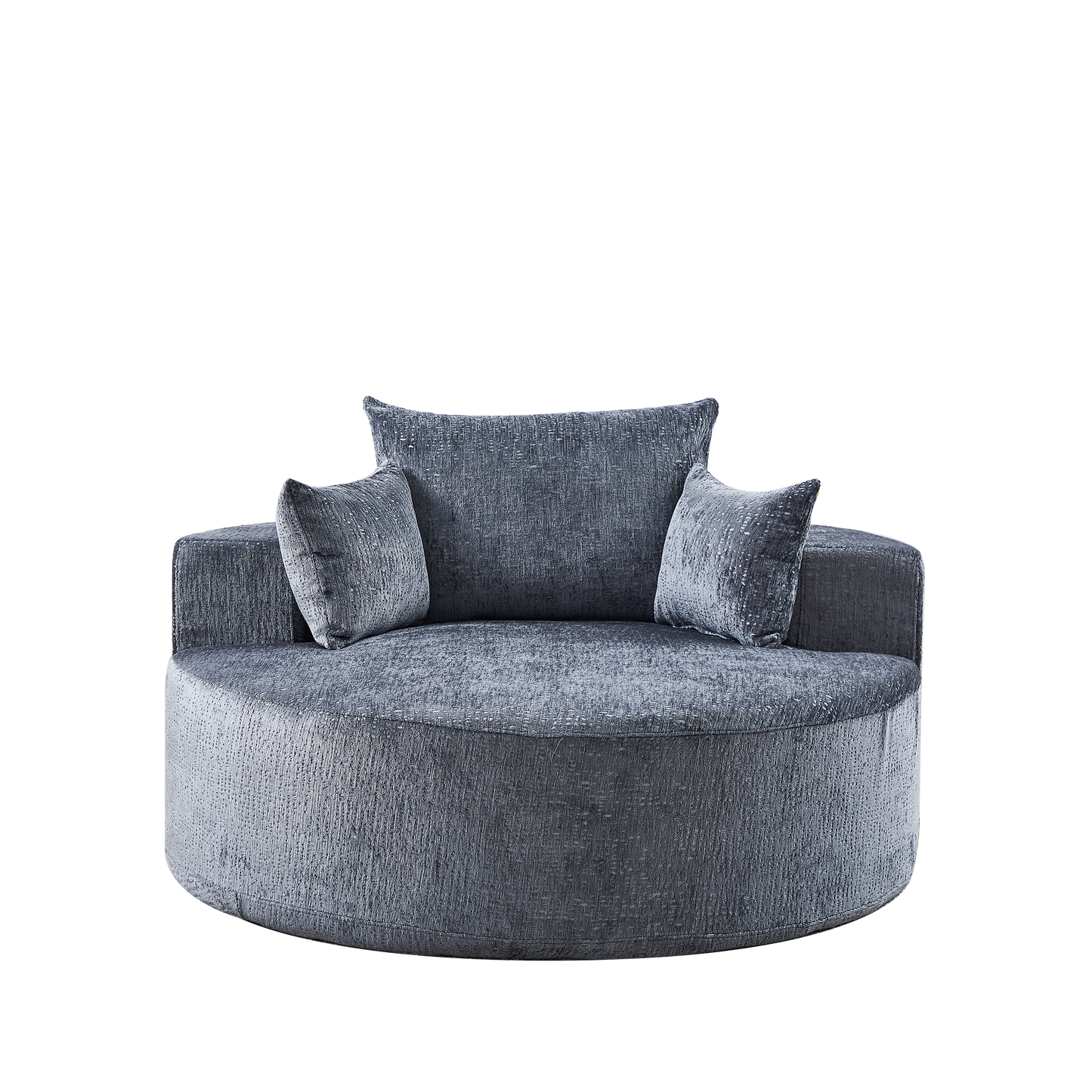 Round swivel chair in charcoal grey textured fabric plush cushions for ultimate comfort