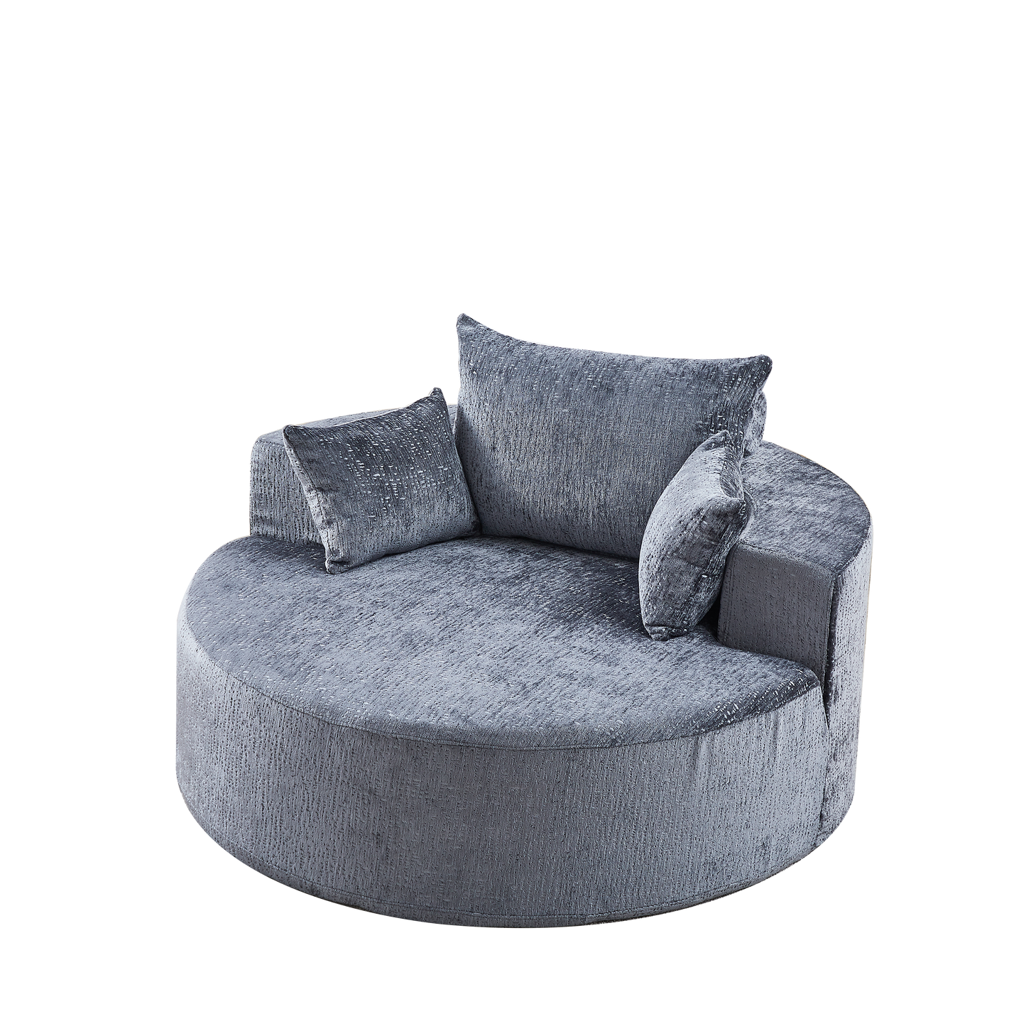 Plush circular sofa in charcoal grey velvet perfect for a cozy living room