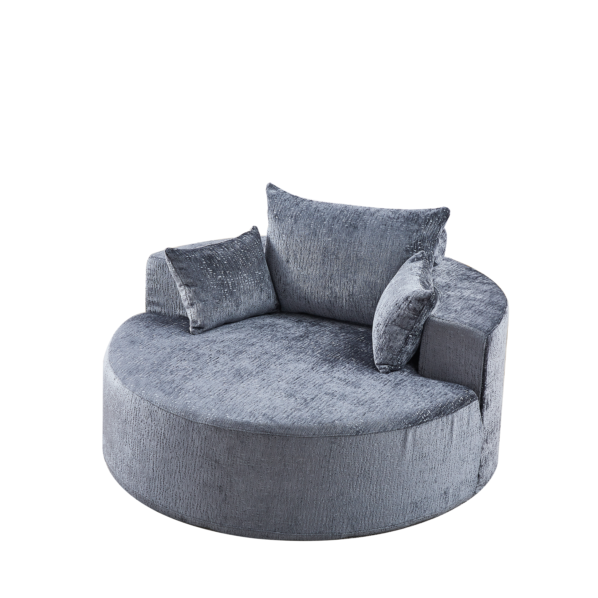 Plush circular sofa in charcoal grey velvet perfect for a cozy living room
