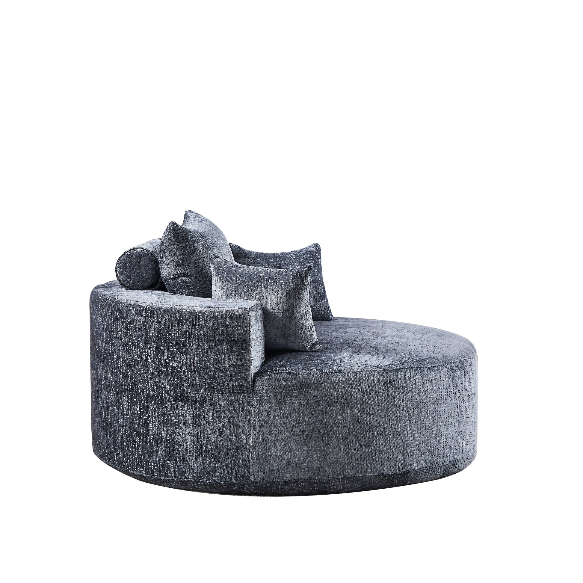 Dark grey textured velvet round sofa with accent pillows for modern living rooms