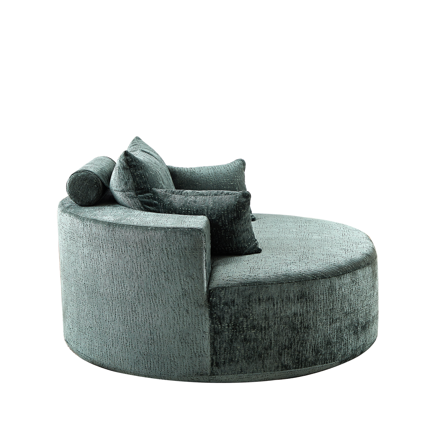 Plush teal velvet circular sofa with contemporary design and accent pillows