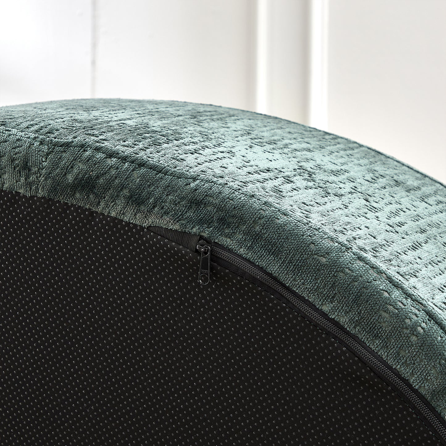 Teal textured fabric pet bed with removable cover and nonslip grip