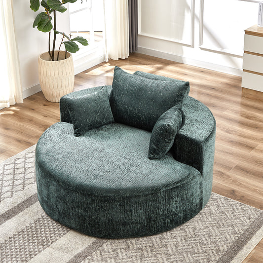 Plush teal velvet round accent chair with textured fabric and lumbar pillows for modern living rooms