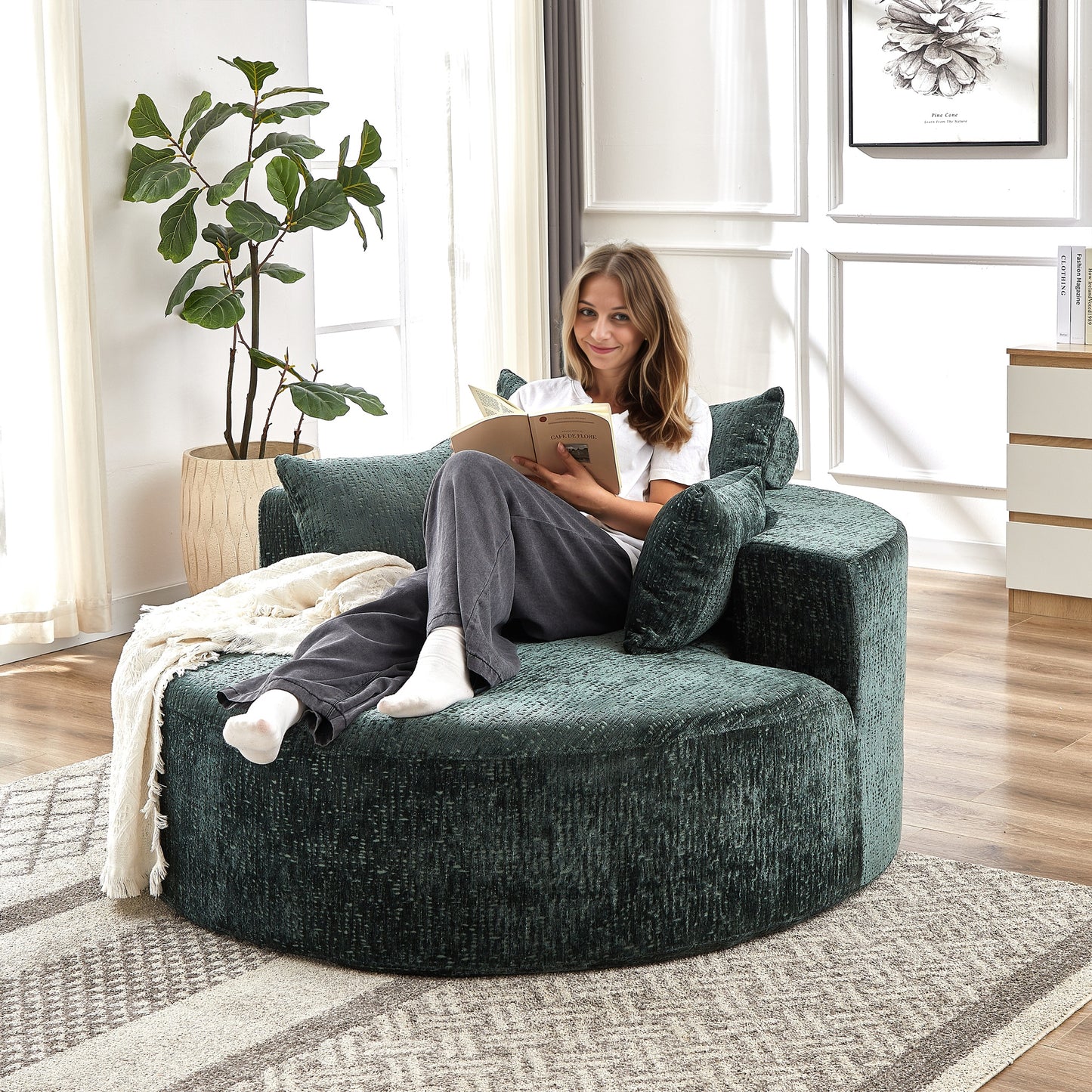 Deep emerald velvet swivel chair with plush texture perfect for cozy reading nooks
