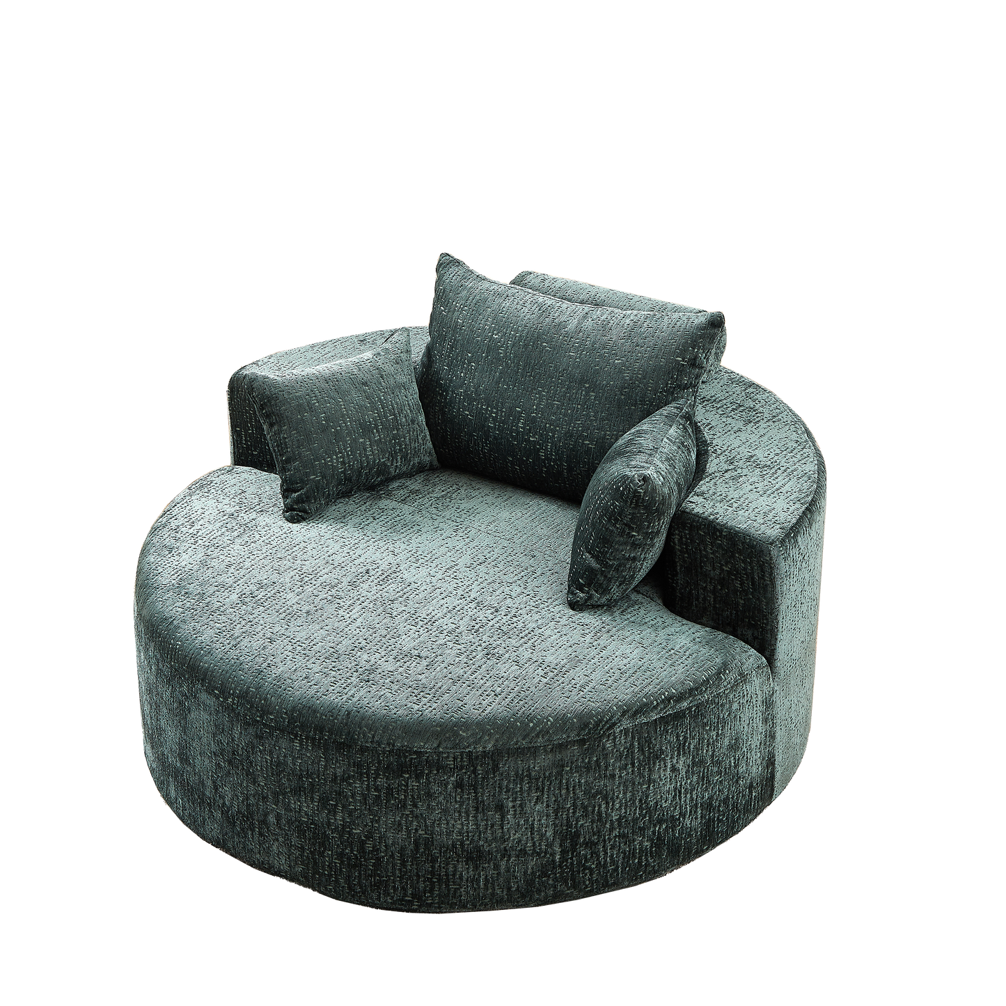 Deep teal swivel barrel chair upholstered in textured fabric with two accent pillows