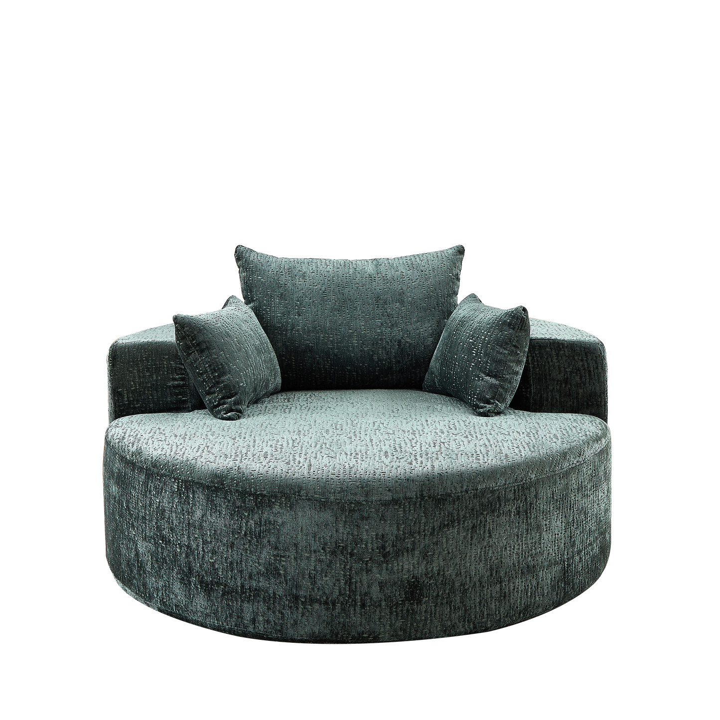 Deep teal velvet swivel chair with textured fabric and plush cushions