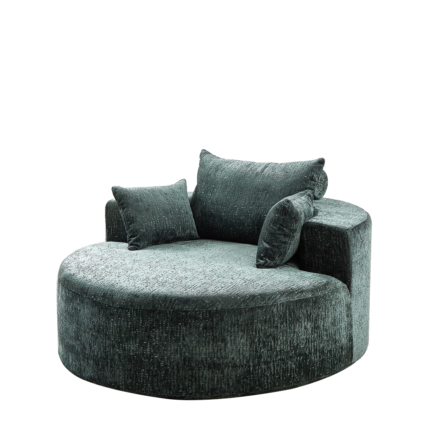 Deep teal textured fabric accent chair with plush throw pillows for cozy seating