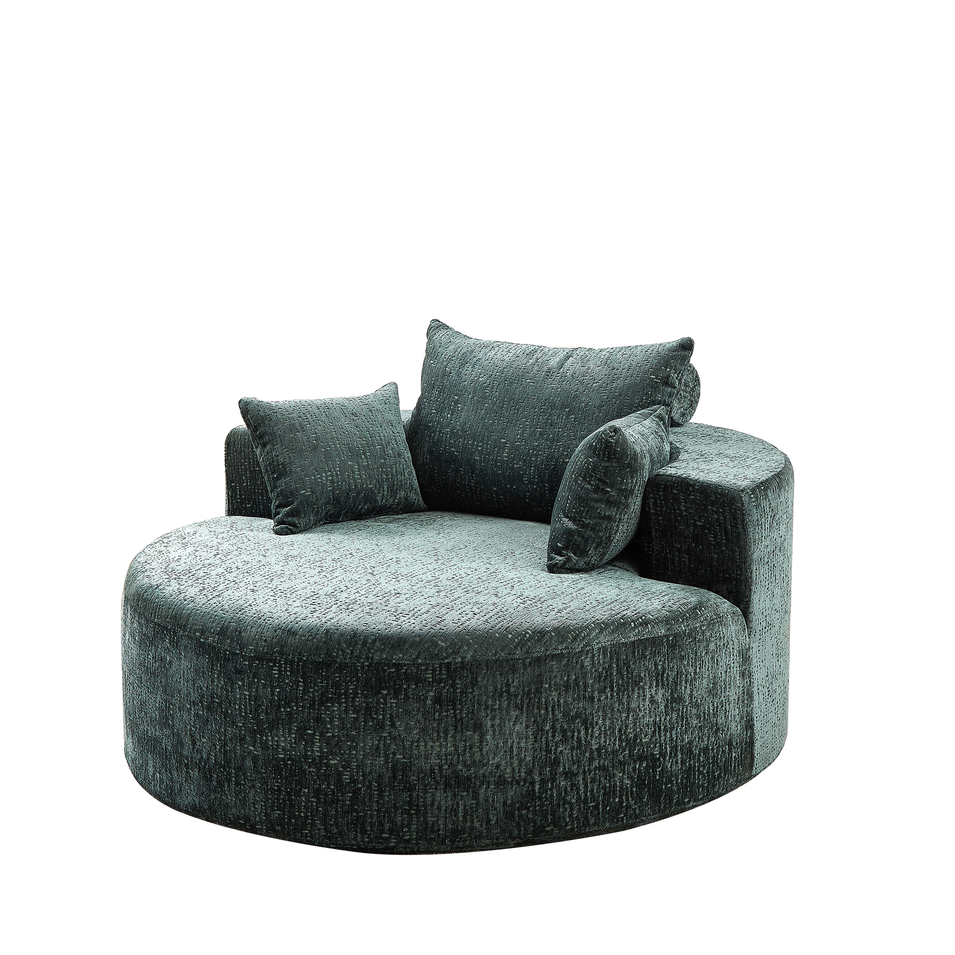 Deep teal textured fabric accent chair with plush throw pillows for cozy seating