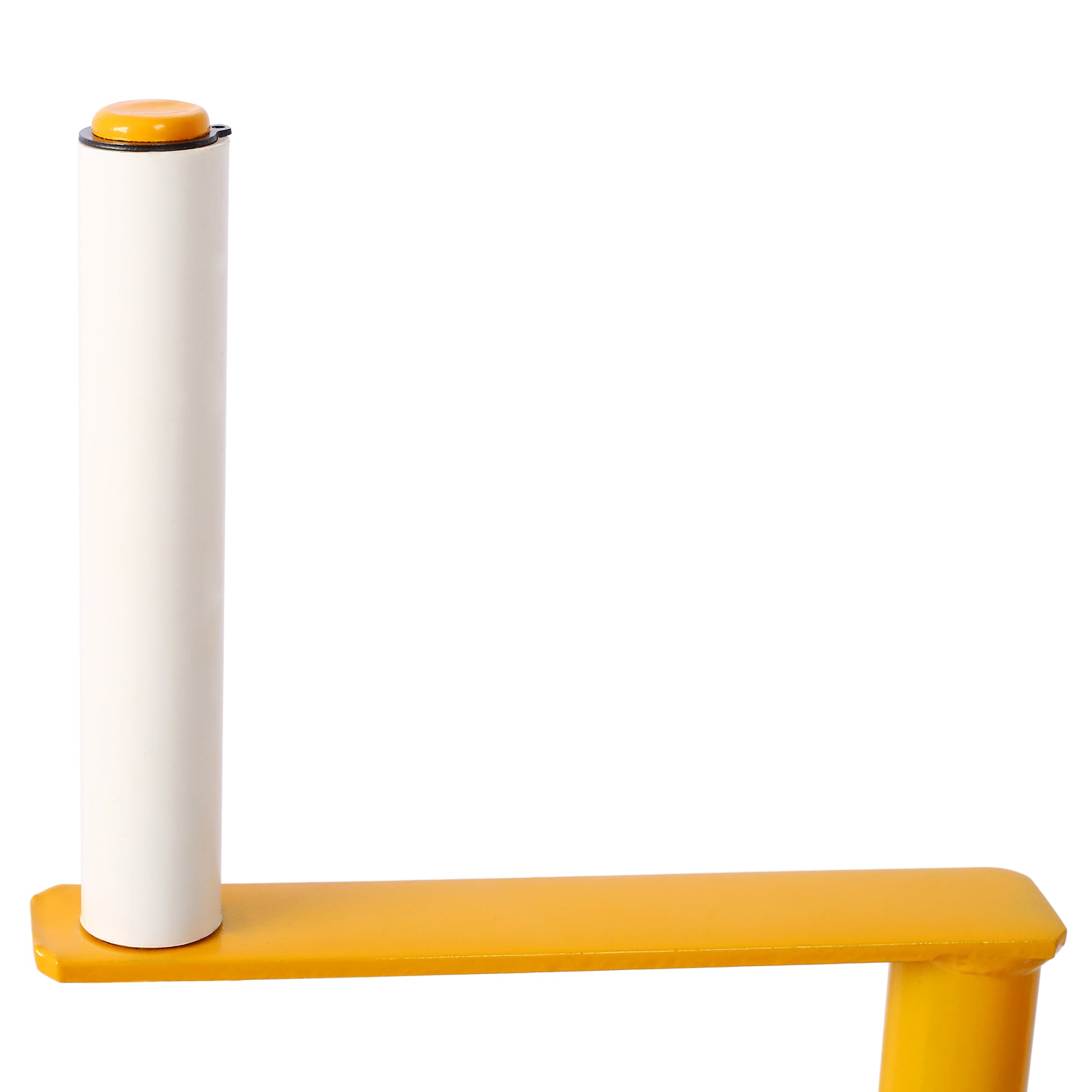 White cylinder with orange cap and yellow metal base