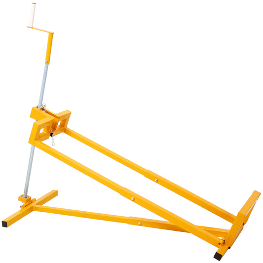 Yellow steel boat trailer roller stand with adjustable crank for boat positioning