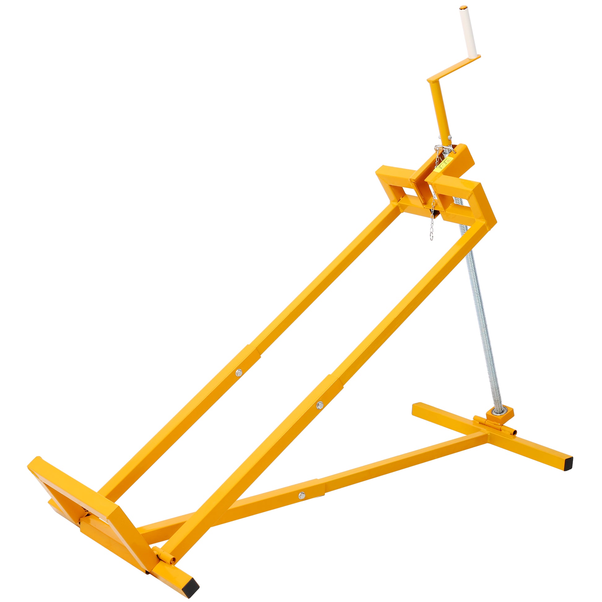 Yellow metal jack stand with crank for automotive maintenance