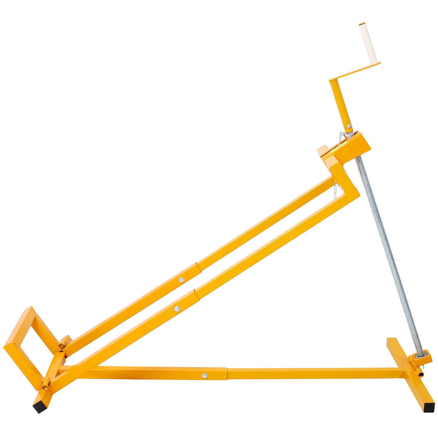 Yellow metal jack stand with a threaded rod and crank for lifting vehicles
