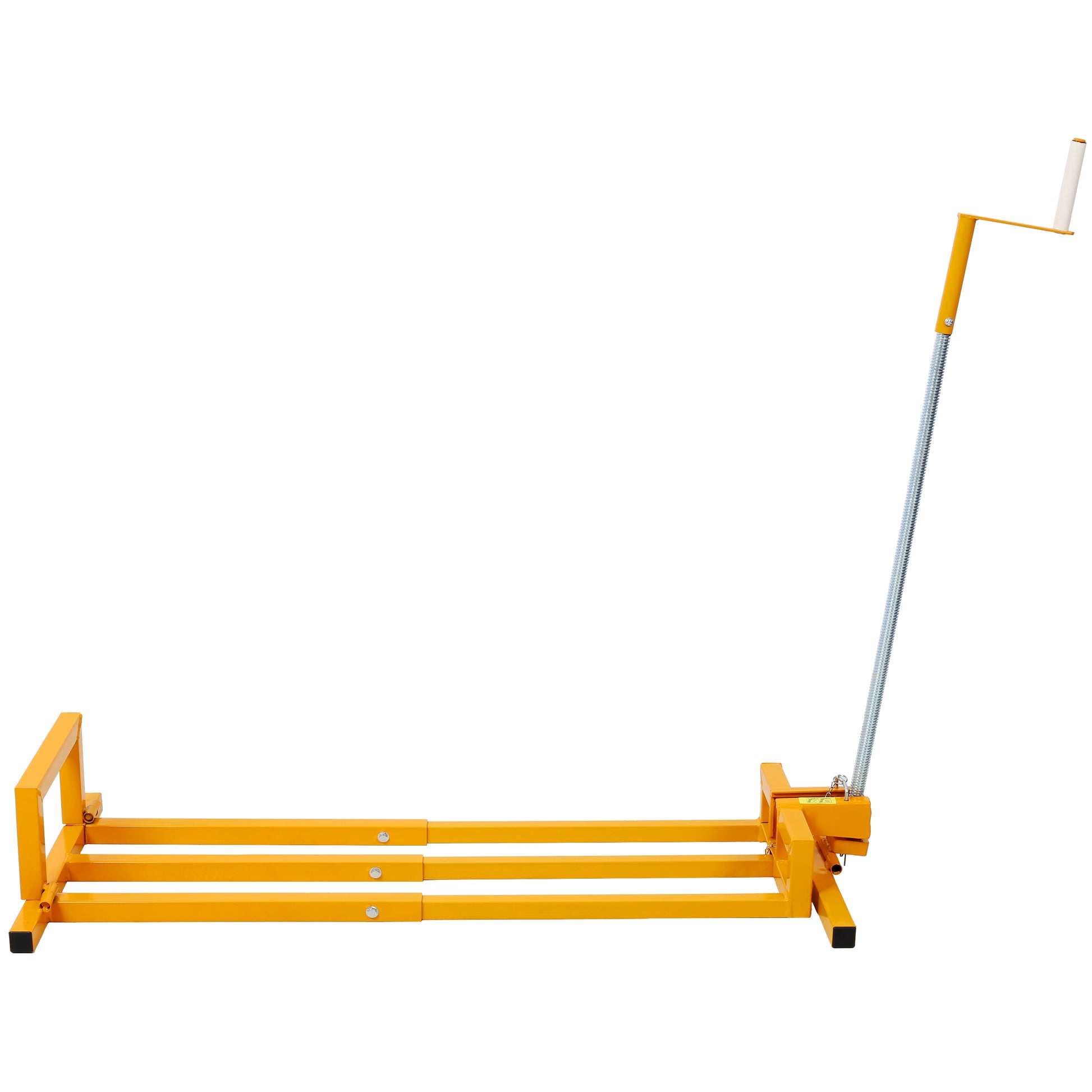 Yellow metal log splitter with adjustable frame and hand crank